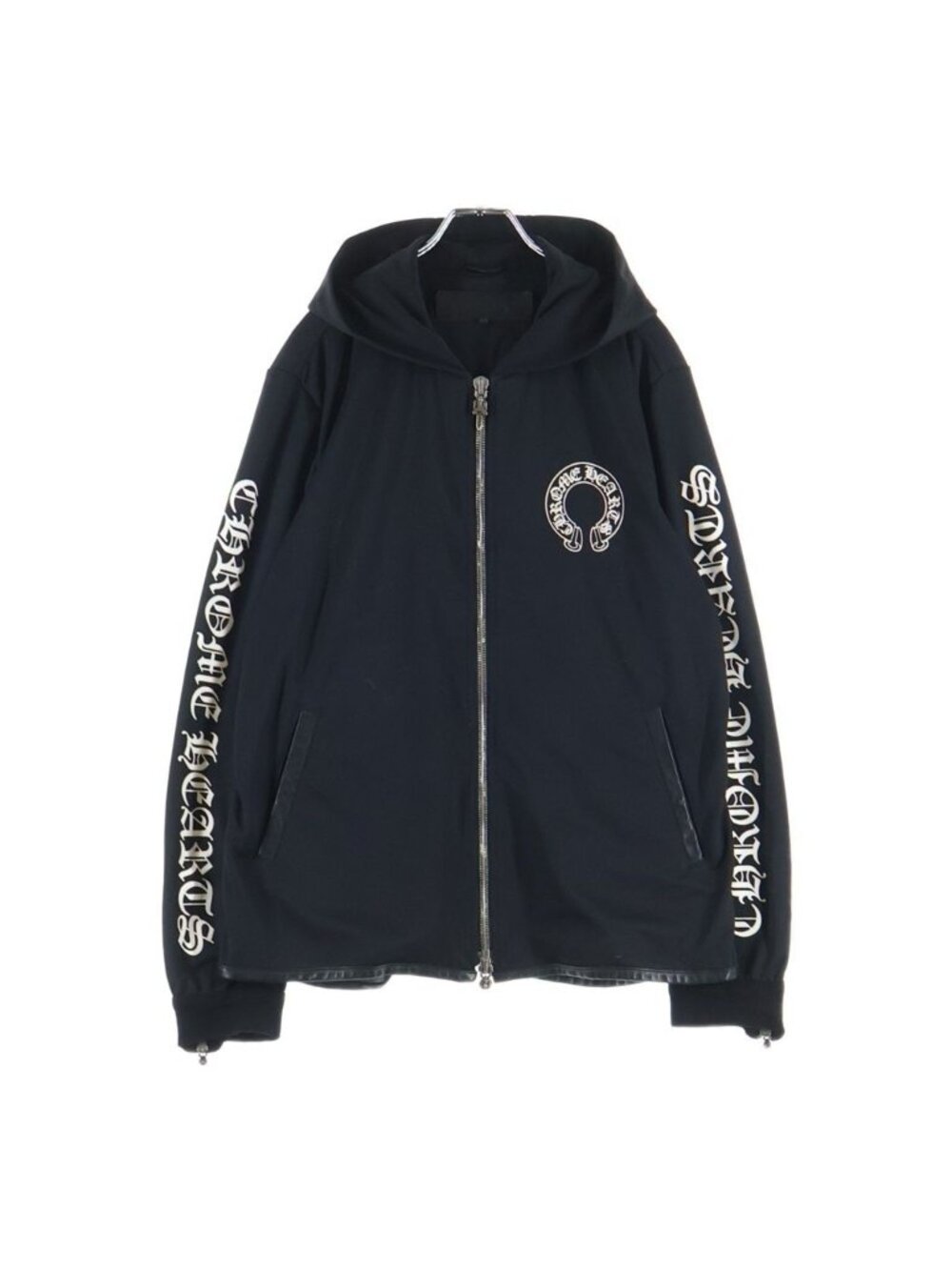Chrome Hearts Track Jacket Hoodie Cashmere Leather Trim Mesh Zip Up Black